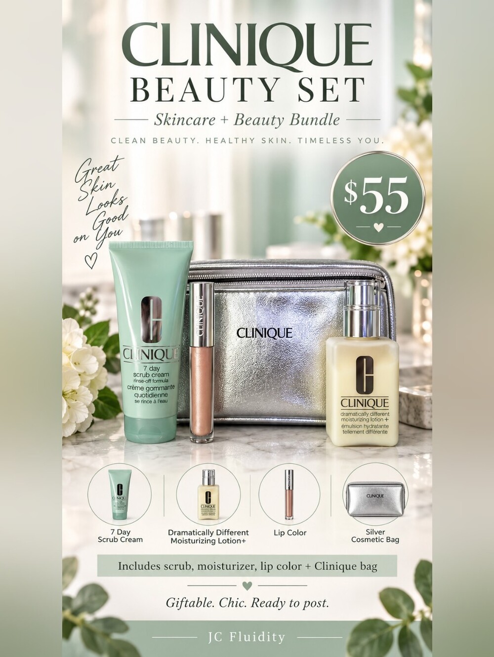 Clinique Skincare + Beauty Gift Set | Full Size Moisturizer, Scrub, Lip + Bag